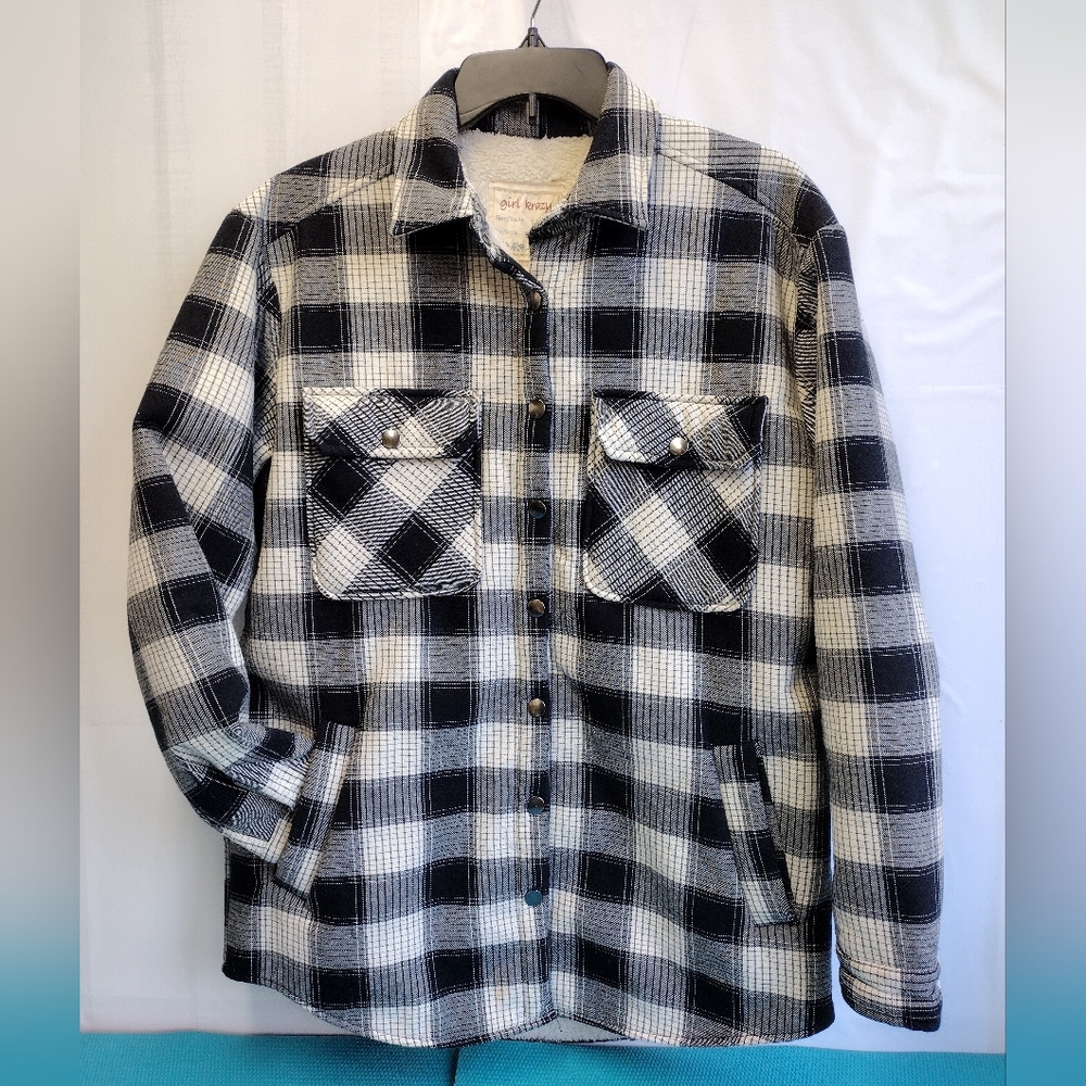 Girl Krazy Boyfriend Women's Plaid Shirt Shacket Jacket Sherpa Lined Size L